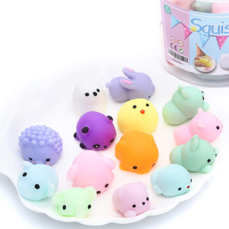 Squishies Squishy Toy 24pcs Party Favors for Kids Mochi Squishy Toy moji Kids Party Favors Mini Kawaii squishies Mochi Stress Reliever Anxiety Toys Easter Basket Stuffers fillers with Storage Box