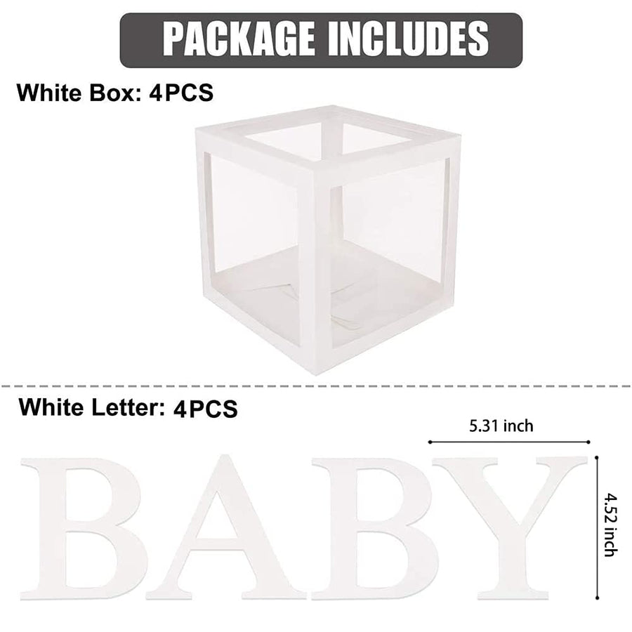 BabyShower Box Set of 4 Clear Baby Block Boxes with Baby Letters Party Decoration - Transparent Ballon Boxes Backdrop - Baby Shower & Birthday Party
