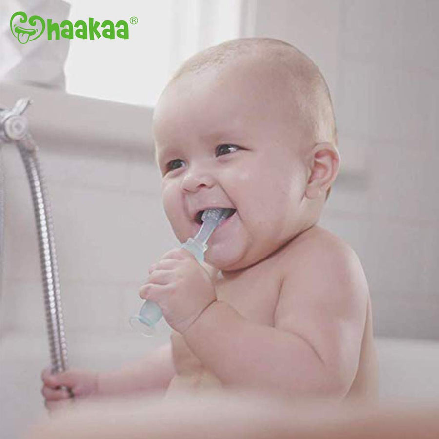 Haakaa 360° Baby Toothbrush with Suction Base Infant Silicone Toothbrush Teethers for Babies Teething Toys,1pc (Blue)