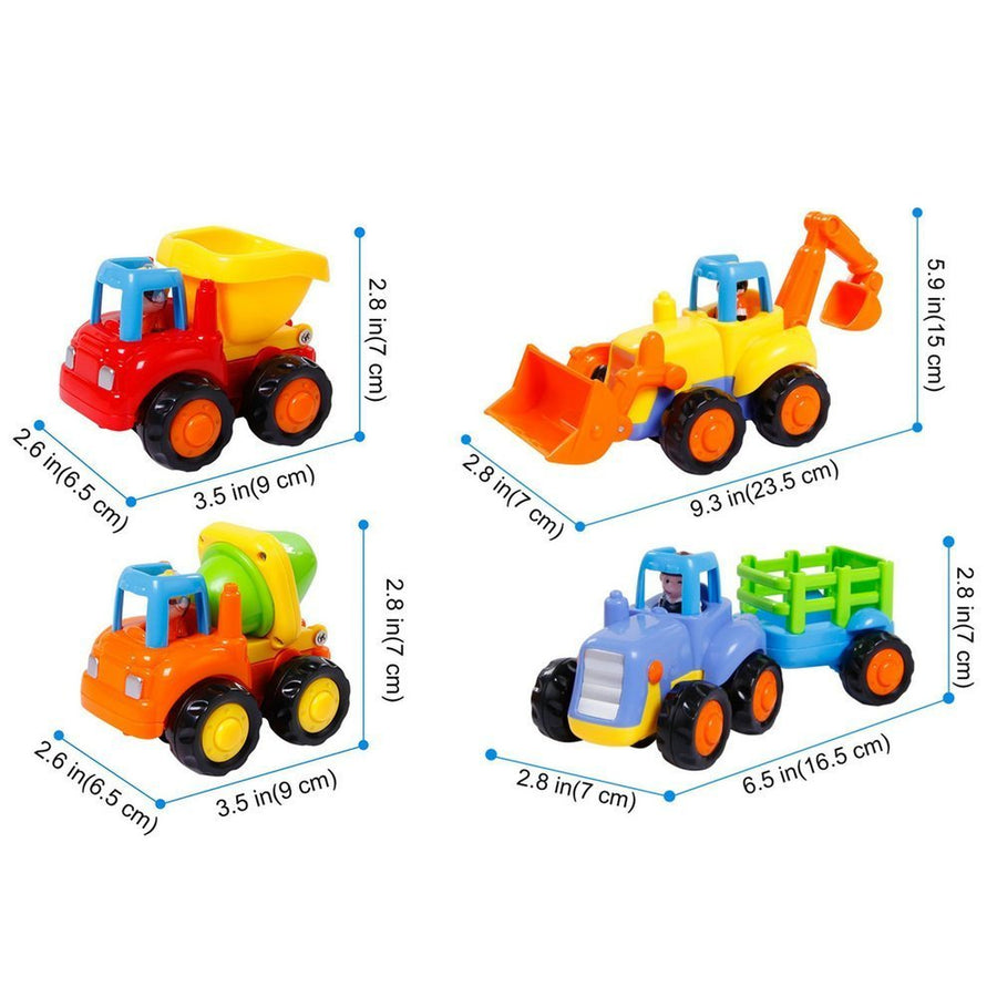 Friction Powered Cars, Push and Go Toy Trucks Construction Vehicles Toys Set for 1-3 Year Old Baby Toddlers- Dump Truck, Cement Mixer, Bulldozer, Tractor, Early Educational Cartoon ( Set of 4)
