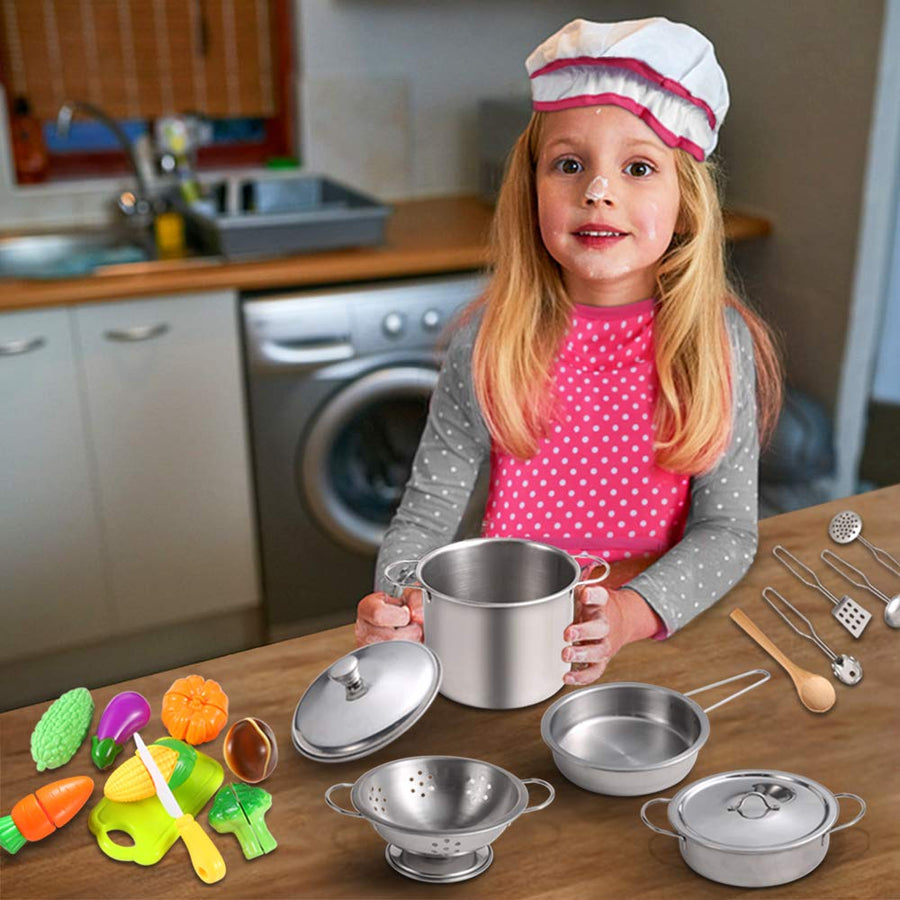Juboury Kitchen Pretend Play Toys with Stainless Steel Cookware Pots and Pans Set, Cooking Utensils, Apron & Chef Hat, Cutting Vegetables for Kids, Girls, Boys, Toddlers