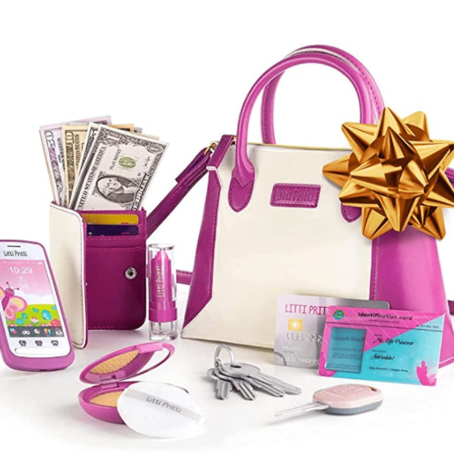 Litti Pritti Princess Toys Little Girls Purses - Pretend Play My First Purse Set - Fashionably Stylish Handbag with Makeup Smartphone Wallet Keys Credit Card Playset Perfect for Girls Ages 3+