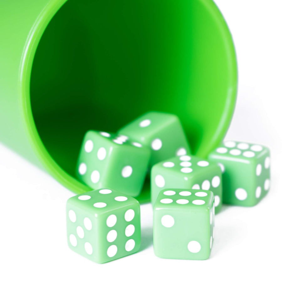 Brybelly Farkle: The Classic Family Dice Game | Set Includes Dice Cup, Set of 6 Green Dice, 25 Scorecards, and Storage Box