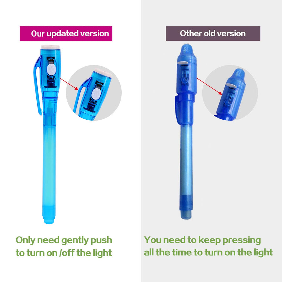 FLYOME 4 Pack Invisible Ink Pens with uv Light, 2021 Upgraded Disappearing Spy Pens for Party Favors, Christmas, Thanks Giving Day, Magic Marker for Secret Message and Goodies Bags Toy