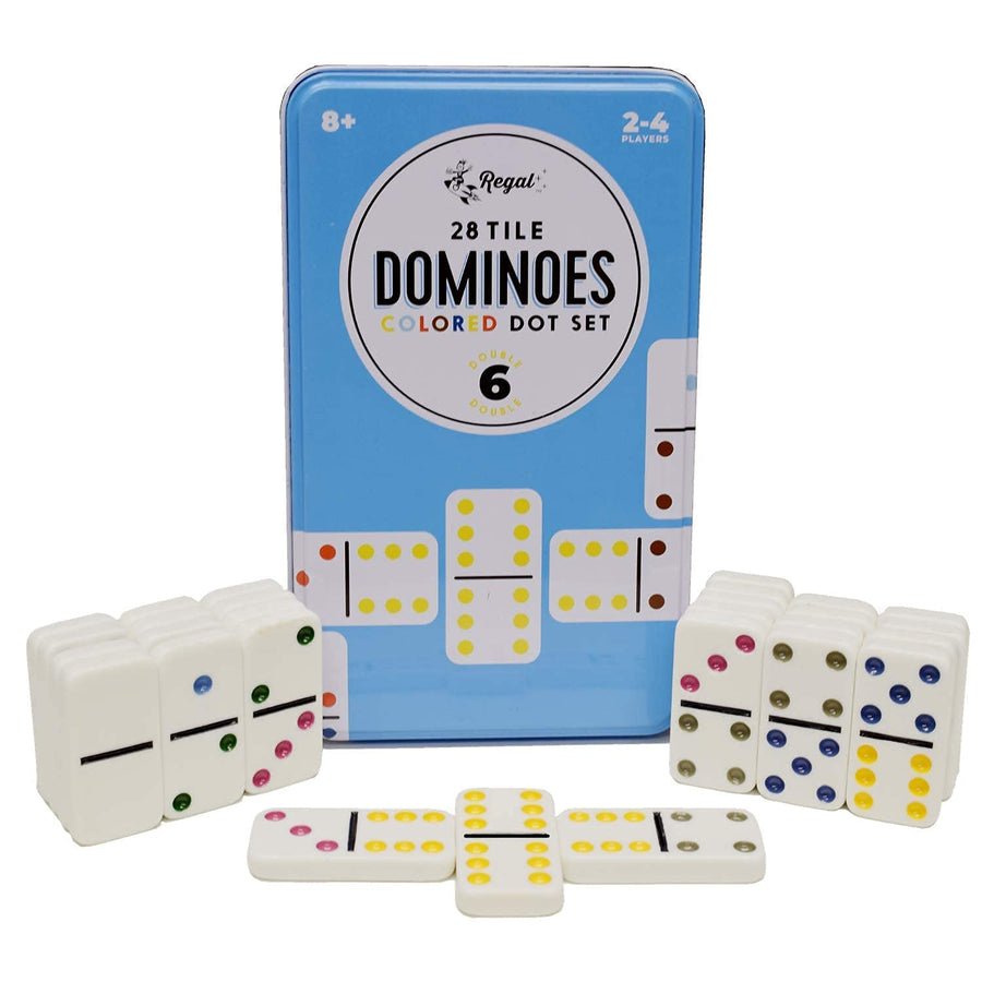 Regal Games - Double 6 Dominoes Set with Colored Dots, 28 Tiles and Collector's Tin