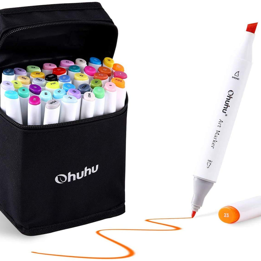 Ohuhu Alcohol Markers, Double Tipped Art Markers for Kids, Adults Coloring Illustrations, Alcohol-based Ink, 40 Unique Colors + 1 Blender + 1 Marker Case, Chisel & Fine, Oahu Series of Ohuhu Markers