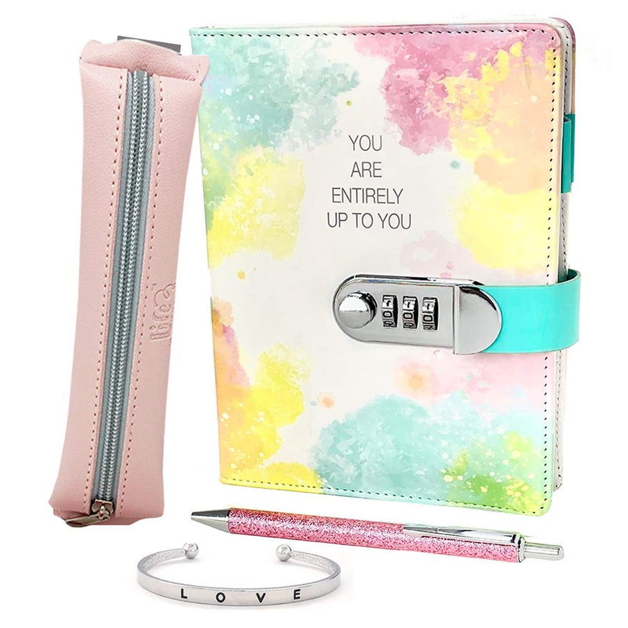 Life is a Doodle Girls Diary with Lock - Gift Set Includes PU Leather Journal with Password Combination Lock, Sleek Pencil Pouch That Wraps Around The Notebook, Bangle Bracelet & Pink Writing Pen