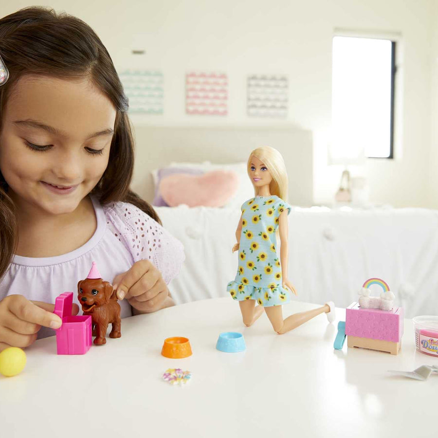 Barbie Doll (11.5-inch Blonde) and Puppy Party Playset with 2 Pet Puppies, Dough, Cake Mold and Accessories, Gift for 3 to 7 Year Olds