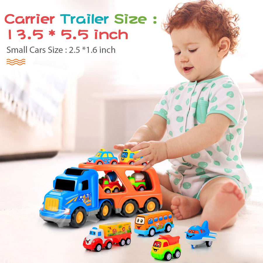 9 pcs Cars Toys for 2 3 4 5 Years Old Toddlers, Big Carrier Truck with 8 Small Cartoon Pull Back Cars, Colorful Assorted Vehicles, Transport Truck with Sound and Light, Best Gift for Boy and Girl