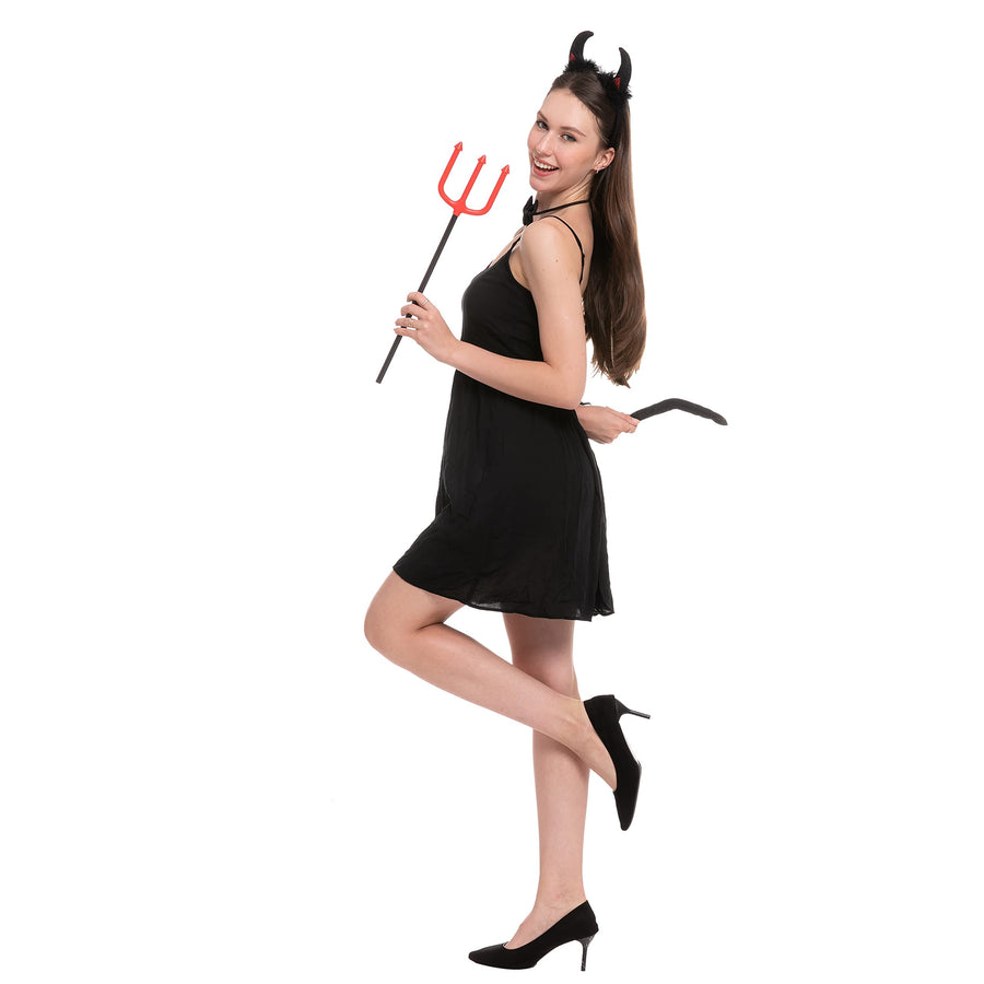 Spooktacular Creations 4 Pcs Halloween Devil Costume Set Demon Costume with Black Devil Horn Headband, Devil Pitchfork, Bow Tie, and Tail for Halloween Cosplay Party Accessories