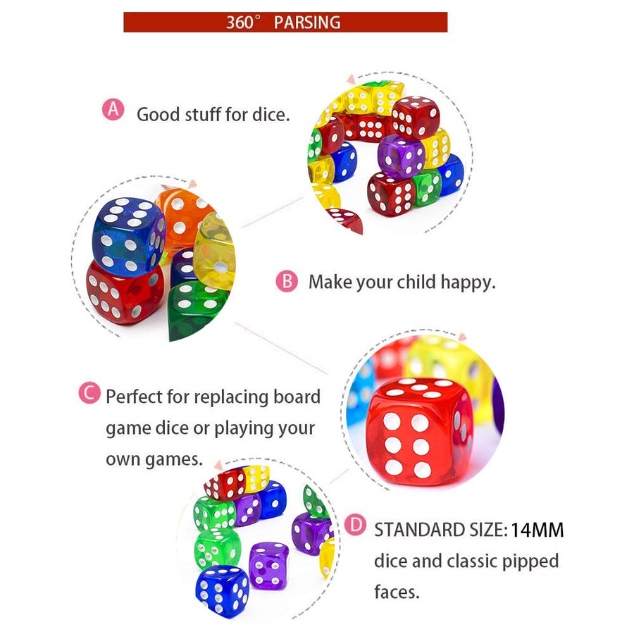 50-Pack 14MM Translucent & Solid 6-Sided Game Dice 5 Sets of Vintage Colors Dice for Board Games and Teaching Math Dice Set Classroom Accessories dice Set RPG dice