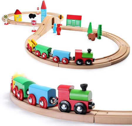 SainSmart Jr. Wooden Train Set for Toddler with Double-Side Train Tracks Fits Brio, Thomas, Melissa and Doug, Kids Wood Toy Train for 3,4,5 Year old Boys and Girls