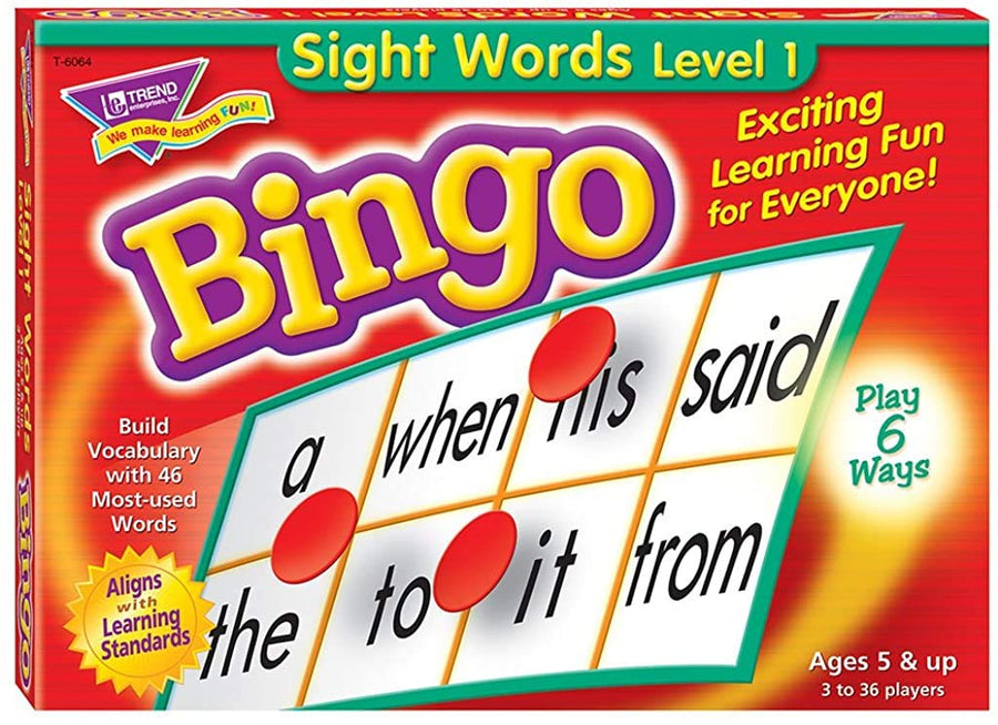 Sight Words Bingo - Language Building Skill Game for Home or Classroom (T6064), Build Vocabulary with 46 Most-Used Words, 3 - 36 players, Age 5 and up, Cover the Spaces Needed to Win & Call Bingo