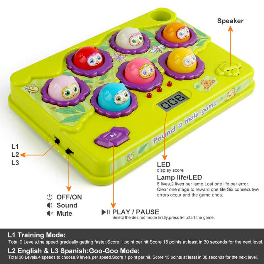 BAODLON Interactive Pound a Mole Game, Toddler Toys, Light-Up Musical Pounding Toy, Early Developmental Toy, Fun Gift for Age 2, 3, 4, 5 Years Old Kids, Boys, Girls, 2 Soft Hammers Included