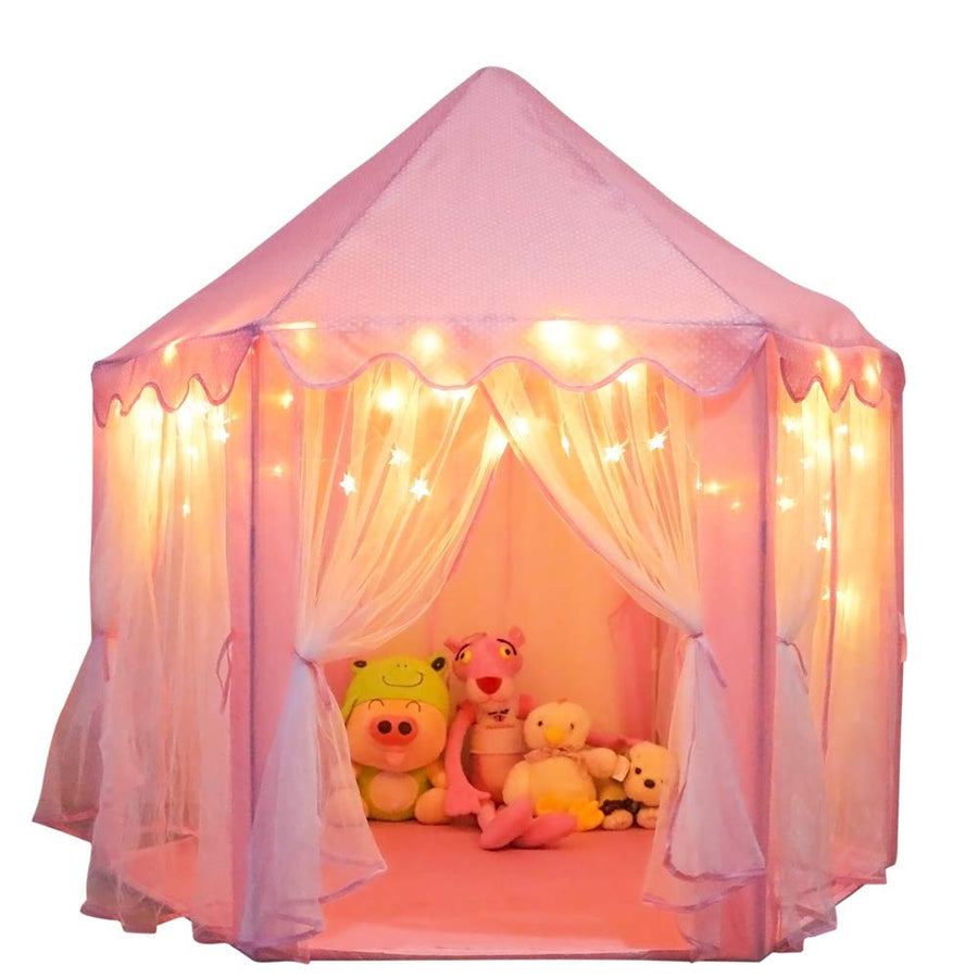 Orian Princess Castle Playhouse Tent for Girls with LED Star Lights – Indoor & Outdoor Large Kids Play Tent for Imaginative Games – ASTM Certified, Princess Tent, 230 Polyester Taffeta. Pink 55"x53".