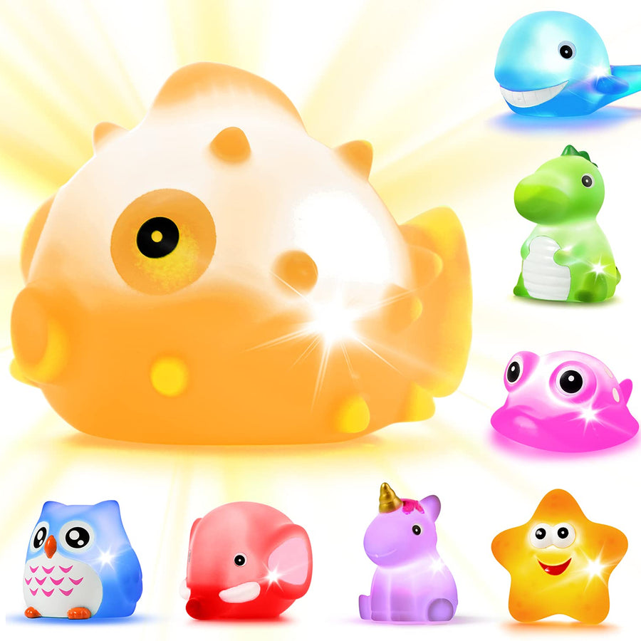 Bath Toys, 8 Pcs Light Up Floating Rubber animal Toys set, Flashing Color Changing Light in Water, Baby Infants Kids Toddler Child Preschool Bathtub Bathroom Shower Games Swimming Pool Party
