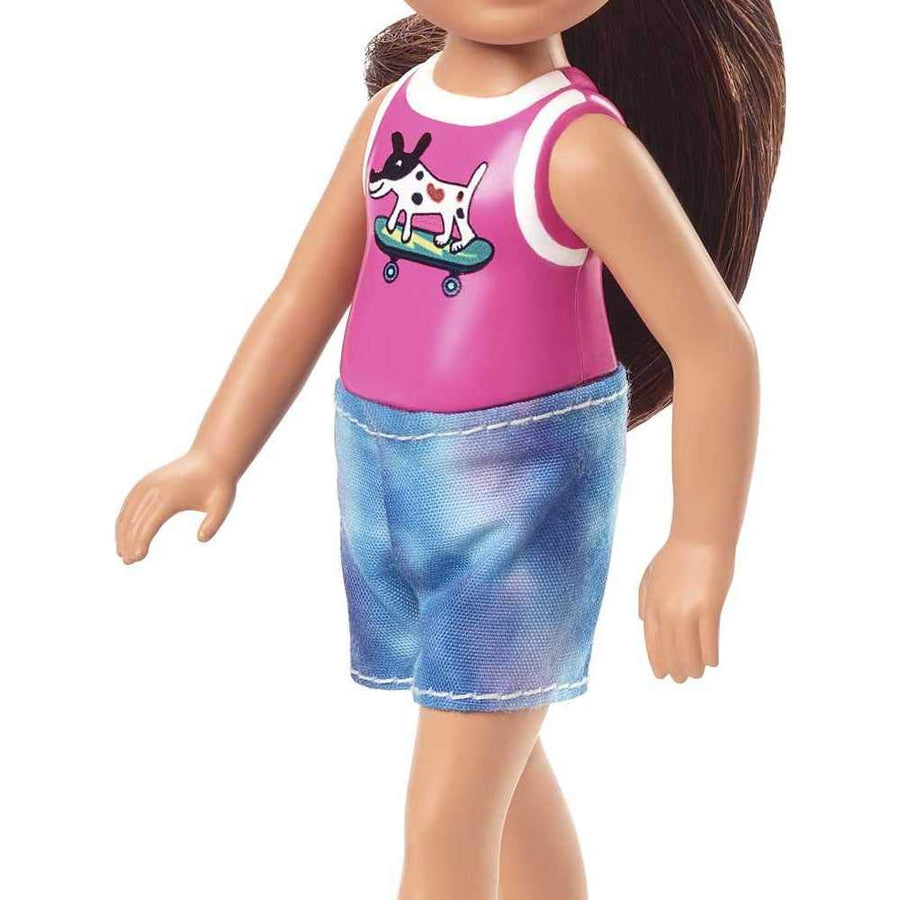 Barbie Chelsea Doll (6-inch Brunette) Wearing Sparkly Skirt, Molded Unicorn Top & Green Shoes, Gift for 3 to 7 Year Olds