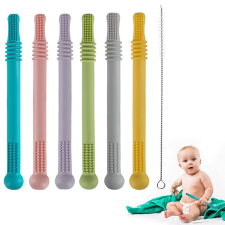 Hollow Teether Tubes, 6 Pack Chew Straw Toy for Toddlers Silicone Teething Toys for Babies 3-12 Months BPA Free/ Freezable/ Dishwasher and Refrigerator Safe