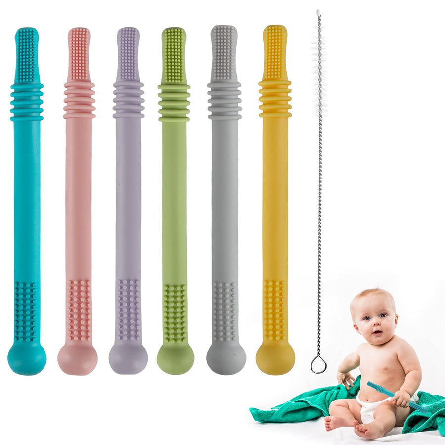 Hollow Teether Tubes, 6 Pack Chew Straw Toy for Toddlers Silicone Teething Toys for Babies 3-12 Months BPA Free/ Freezable/ Dishwasher and Refrigerator Safe