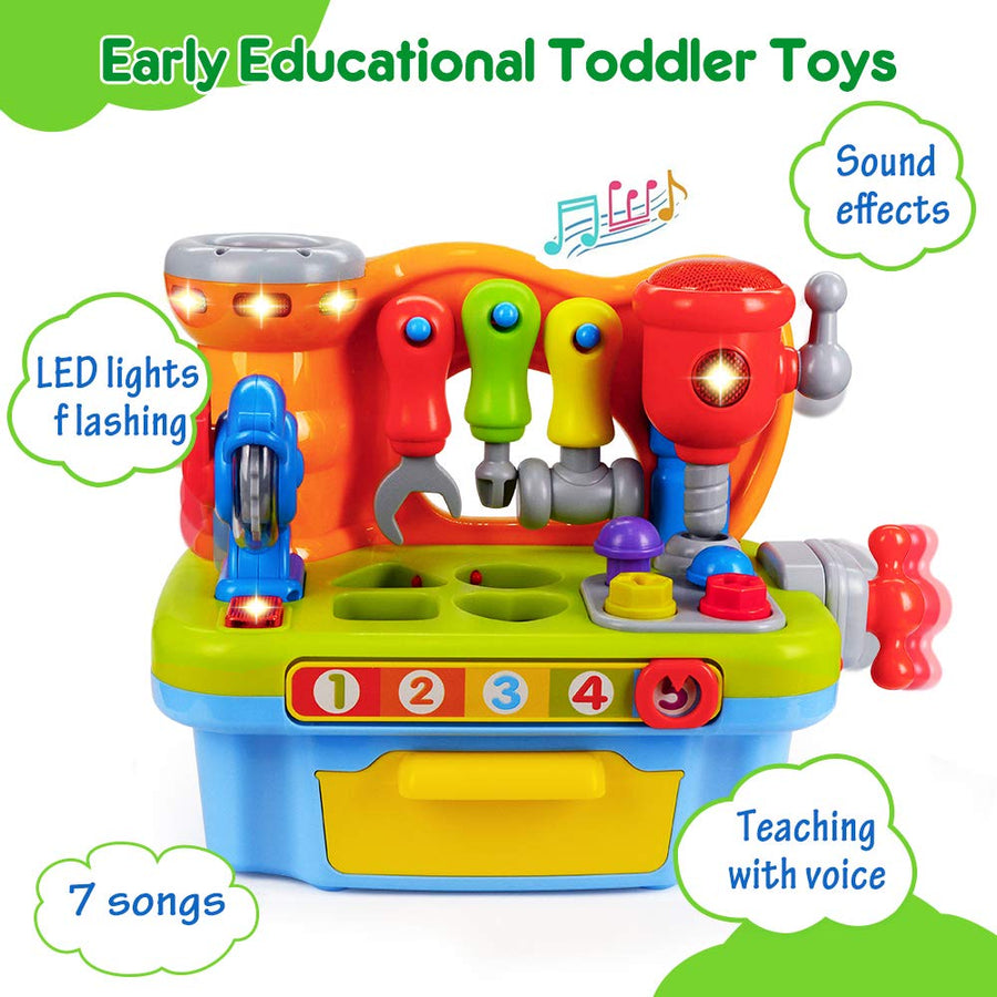 ORWINE Musical Learning Workbench Toddler Toys for Boys Girls Kid Baby Early Education Toys for 1 2 3 4 Years Old Construction Workbench Pretend Play Sound Effect Light Shape Sorter Tool Birthday Gift
