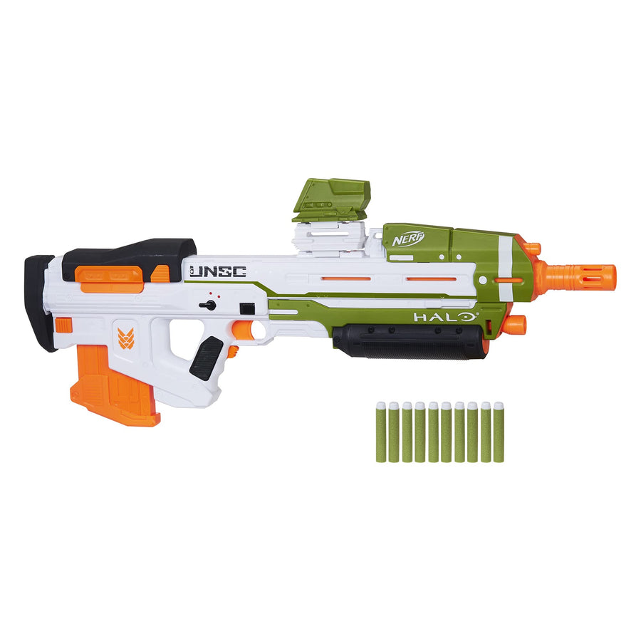 NERF Halo MA40 Motorized Dart Blaster -- Includes Removable 10-Dart Clip, 10 Official Elite Darts, and Attachable Rail Riser , White