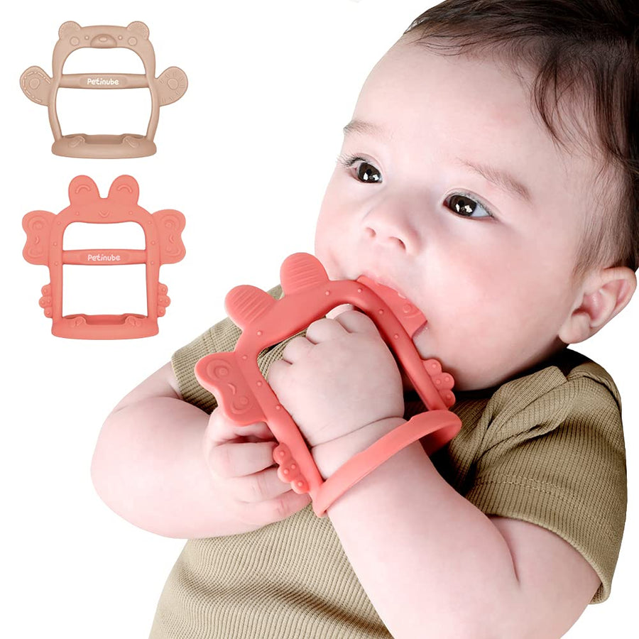 PETINUBE Anti-Dropping Silicone Baby Wrist Teether Soothing Pacifier for Infants 3+ Months Babies, Pack of 1, Made in Korea (Crab, Baby Coral)