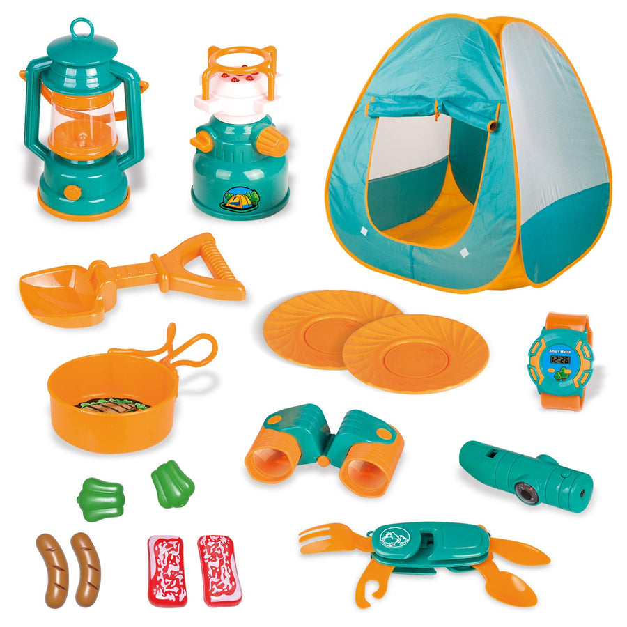 FUN LITTLE TOYS Kids Play Tent, Pop Up Tent with Kids Camping Gear Set, Outdoor Toys Camping Tools Set for Kids, 18 Pieces