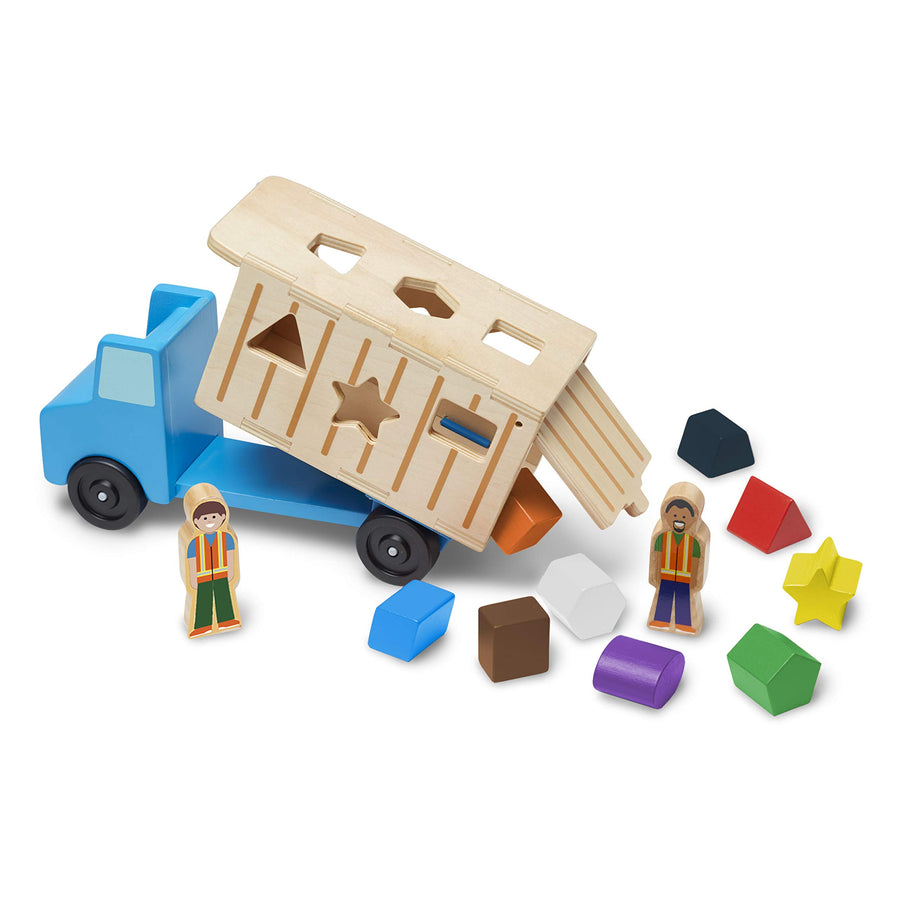 Melissa & Doug Shape-Sorting Wooden Dump Truck Toy With 9 Colorful Shapes and 2 Play Figures