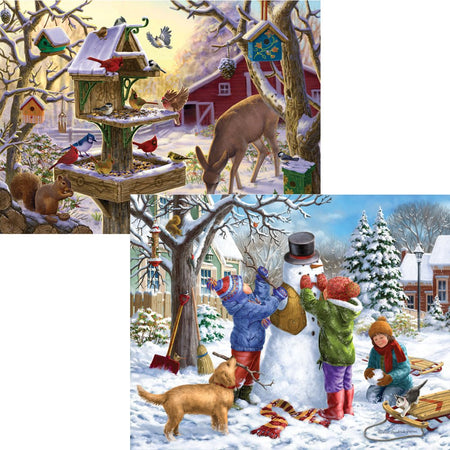 Bits and Pieces - Set of Two (2) 300 Piece Christmas Jigsaw Puzzles for Adults - Building a Snowman on a Snow Day, Sunrise Feasting - 300 pc Winter Snow Jigsaws by Artist Liz Goodrick-Dillon