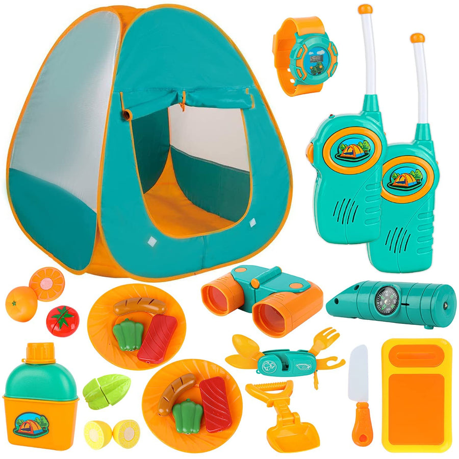 ToyVelt Kids Camping Tent Set -Includes Tent, Telescope, 2 Walkie Talkies, and Full Camping Gear Set Indoor and Outdoor Toy - Best Present for 3 4 5 6 Year Old Boys and Girls and Up. Updated Version