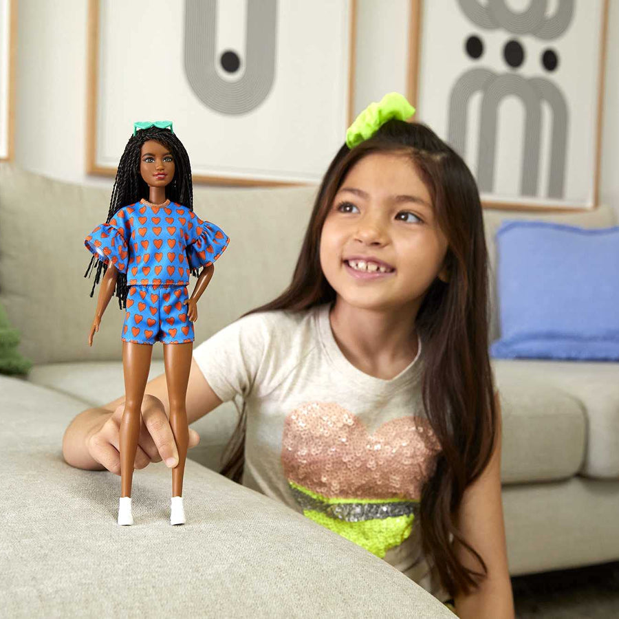 Barbie Fashionistas Doll # 172 , Heart Print Matching Top & Shorts & Twisted Hairstyle Toy for Kids 3 to 8 Years Old