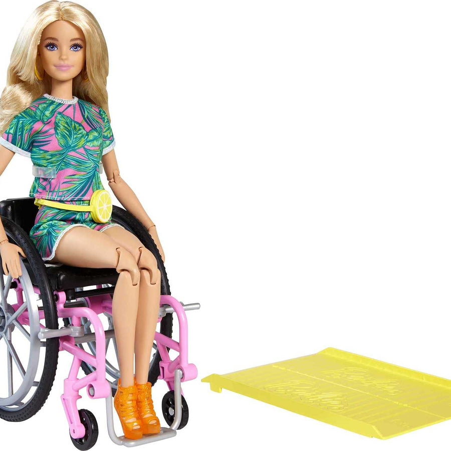 Barbie Fashionistas Doll #165, with Wheelchair & Long Blonde Hair Wearing Tropical Romper, Orange Shoes & Lemon Fanny Pack, Toy for Kids 3 to 8 Years Old