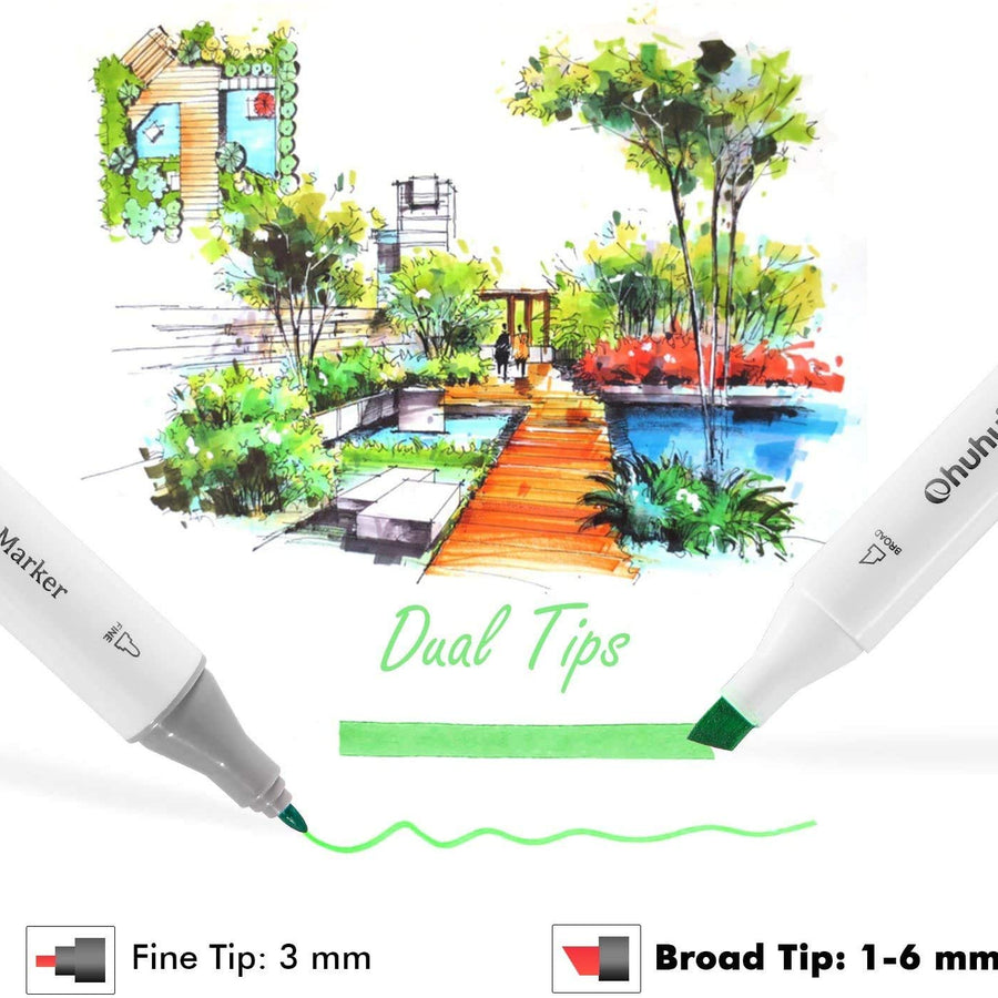 Ohuhu Alcohol Markers, Double Tipped Art Markers for Kids, Adults Coloring Illustrations, Alcohol-based Ink, 40 Unique Colors + 1 Blender + 1 Marker Case, Chisel & Fine, Oahu Series of Ohuhu Markers