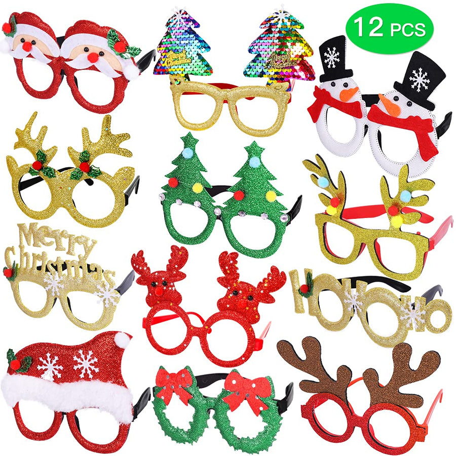 Max Fun 12 Pcs Christmas Glasses Glitter Party Glasses Frames Christmas Decoration Costume Eyeglasses for Christmas Parties Holiday Favors Photo Booth (One Size Fits All)