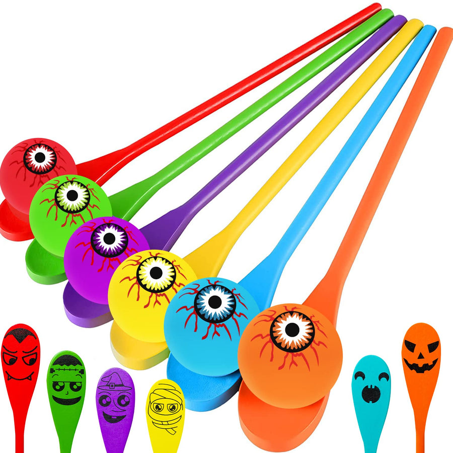Halloween Egg and Spoon Race Game Set - Halloween Party Favors- 6 Eyeballs and Spoons with Assorted Colors for Kids and Adults Halloween Indoor Outdoor Fun Games, Party Supplies, Classroom Activities