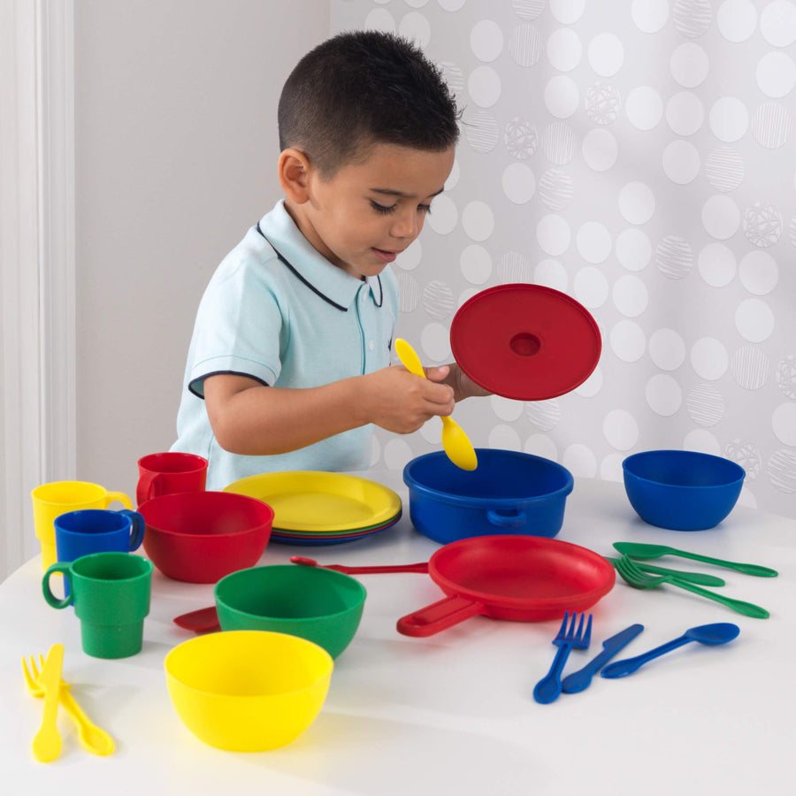 KidKraft 27-Piece Primary Colored Cookware Set, Plastic Dishes and Utensils for Play Kitchens, Gift for Ages 18 mo+
