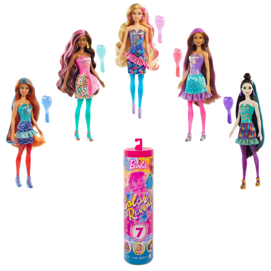 Barbie Color Reveal Doll with 7 Surprises: 4 Bags Contain Skirt, Shoes, Earrings & Brush; Water Reveals Confetti-Print; Doll’s Look & Color Change on Hair & Face; Party Series