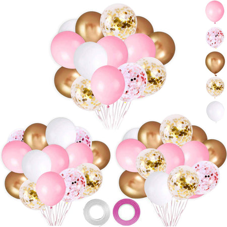 62Pcs Pink Gold Confetti Latex Balloons Kit, 12 Inch Pink White Gold Helium Balloons Party Supplies for Confession Proposal Wedding Girl Birthday Baby Shower Party Decoration