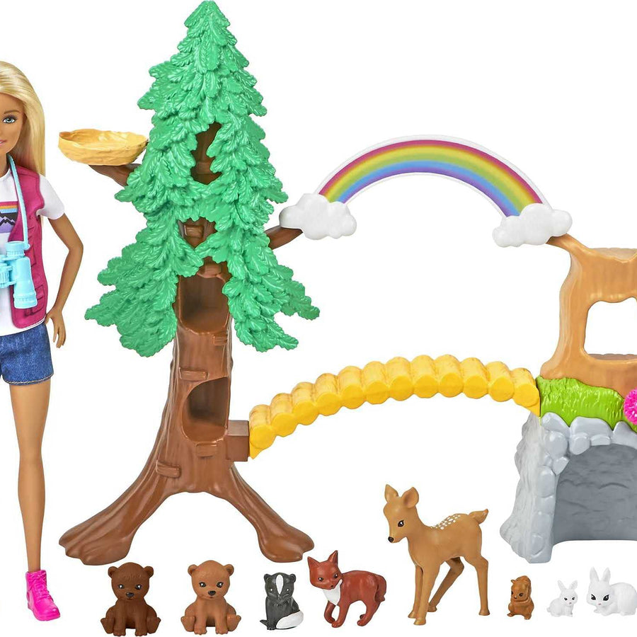 Barbie Wilderness Guide Interactive Playset with Blonde Doll (12-in), Outdoor Tree, Bridge, Overhead Rainbow, 10 Animals & More, Great Gift for Ages 3 Years Old & Up