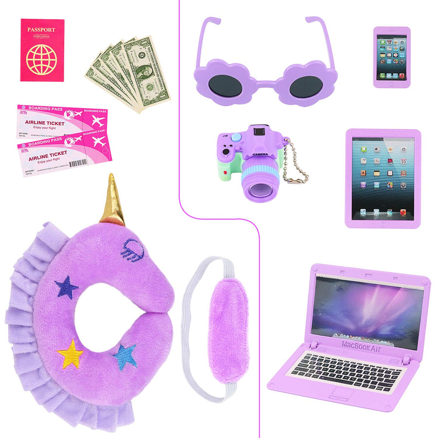 K.T. Fancy 16 pcs American 18 Doll Accessories Suitcase Travel Luggage Play Set for 18 Inch Doll Travel Carrier, Sunglasses Camera Computer Phone Pad Travel Pillow Blindfold Passport Tickets Cashes