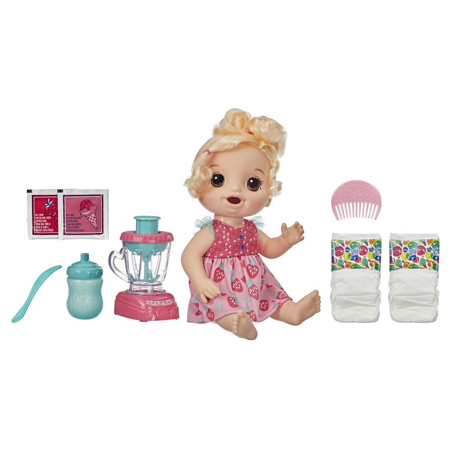 Baby Alive Magical Mixer Baby Doll Strawberry Shake with Blender Accessories, Drinks, Wets, Eats, Blonde Hair Toy for Kids Ages 3 and Up