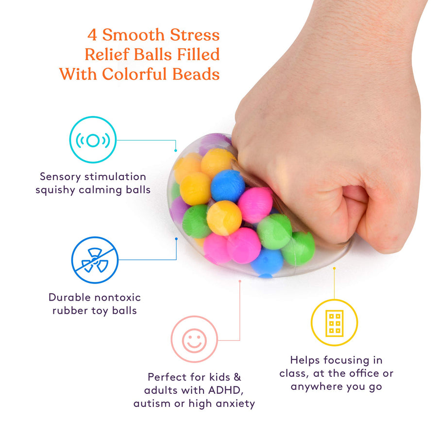 DNA Squish Stress Balls (4-Pack) Squeeze, Color Sensory Toy - Relieve Tension, Stress - Home, Travel and Office Use - Fun for Kids and Adults (Squishy)