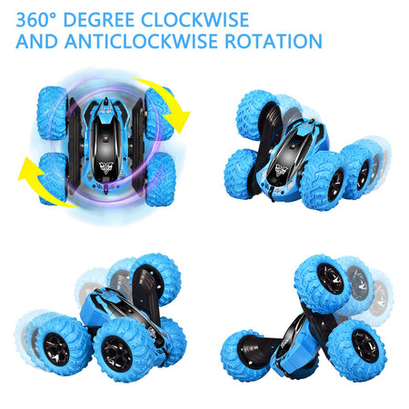 Remote Control car,2.4GHz Electric Race Stunt Car,Double Sided 360° Rolling Rotating Rotation, LED Headlights RC 4WD High Speed Off Road for 3 4 5 6 7 8-12 Year Old Boy Toys (Blue)