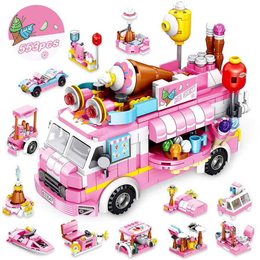 VATOS Girls Building Blocks Toys 553 Pieces Ice Cream Truck Set Toys for Girls 25 Models Pink Building Bricks Toys STEM Toys Construction Play Set for Kids Best Gifts for Girls Age 6-12 and Up