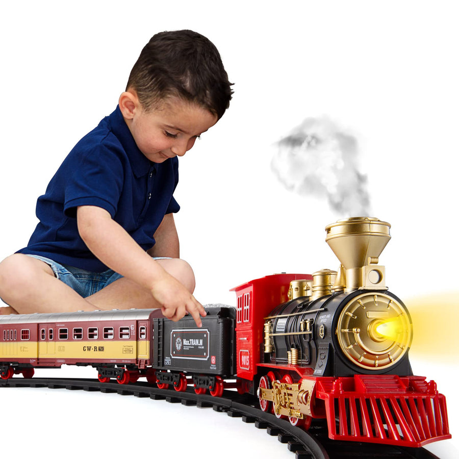 TEMI Train Sets w/ Steam Locomotive Engine, Cargo Car and Tracks, Battery Operated Play Set Toy w/ Smoke, Light & Sounds, Perfect for Kids, Boys & Girls, Red