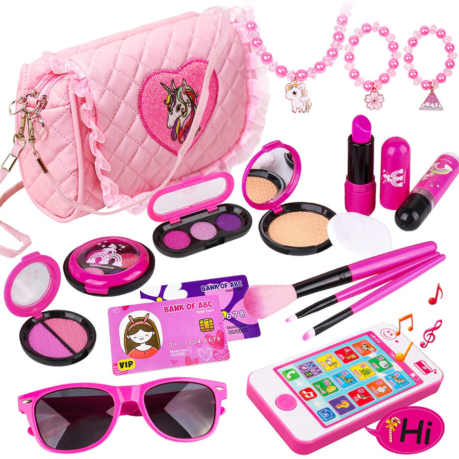 Meland Kids Makeup Kit - Girl Pretend Play Makeup & My First Purse Toy for Toddler Gifts with Pink Princess Purse, Smartphone, Sunglasses, Credit Card, Lipstick,Brush,Lights Up & Make Real Life Sounds