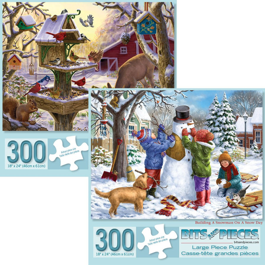 Bits and Pieces - Set of Two (2) 300 Piece Christmas Jigsaw Puzzles for Adults - Building a Snowman on a Snow Day, Sunrise Feasting - 300 pc Winter Snow Jigsaws by Artist Liz Goodrick-Dillon