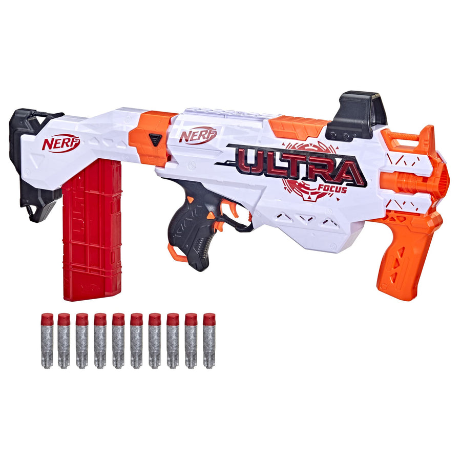 NERF Ultra Focus Motorized Blaster, 10-Dart Clip, 10 AccuStrike Ultra Darts, Stock, Compatible Only Ultra Darts (Amazon Exclusive)