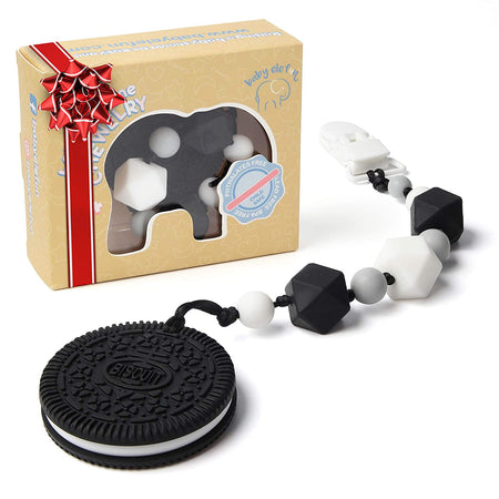 Baby Elefun Teething Toys Cookie and Pacifier Clip, Ideal Stocking Stuffers Gift Package for Christmas Included, Highly Effective BPA Free Silicone Teethers Toy for Babies 0-6 6-12 Months Boy or Girl