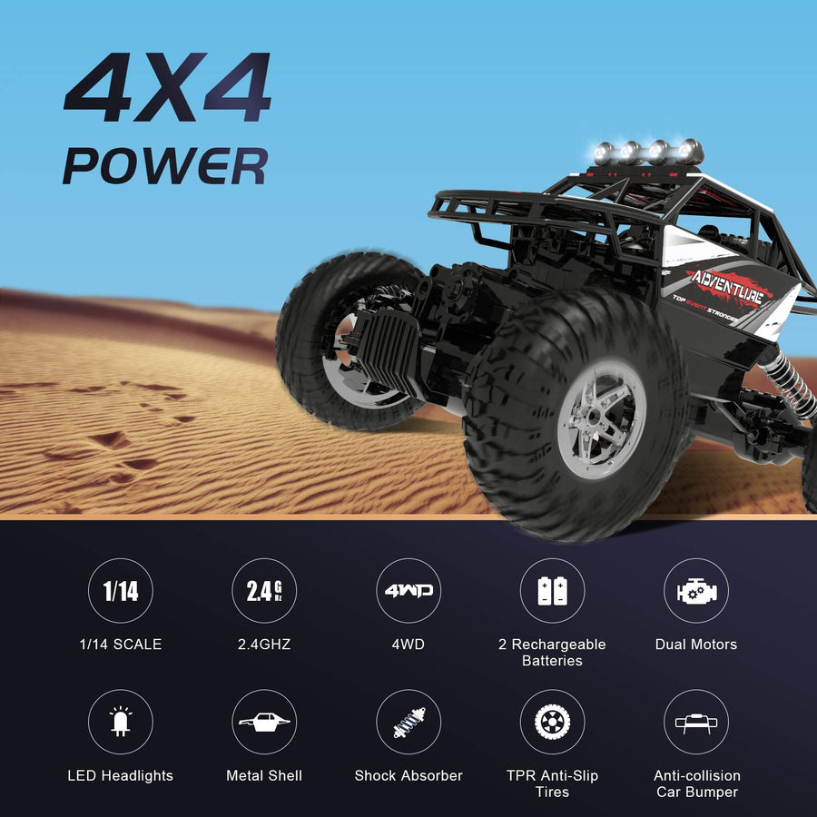DEERC DE45 RC Cars Remote Control Car 1:14 Off Road Monster Truck,Metal Shell 4WD Dual Motors LED Headlight Rock Crawler,2.4Ghz All Terrain Hobby Truck with 2 Batteries for 90 Min Play,Boy Adult Gifts